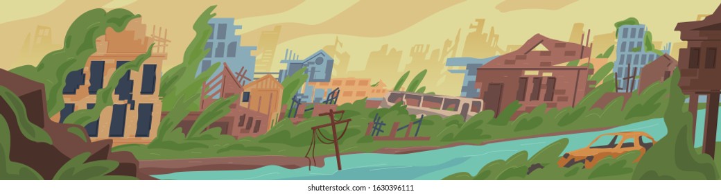 Abandoned post apocalyptic world cartoon vector illustration. Colored destruction in war zone, natural disaster concept. City ruins with destroyed, damage buildings on street