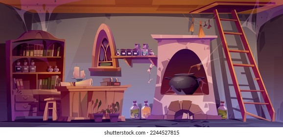 Abandoned potions shop interior with dust and cobweb on furniture. Cartoon vector illustration of empty dark room with couldron in old stone oven, wooden desk with books, bottles with expired elixirs