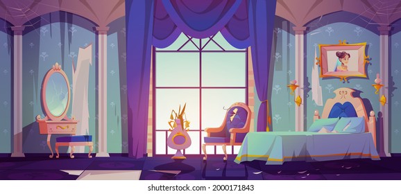 Abandoned princess bedroom interior, dilapidated room with broken vintage furniture, bed, ragged wallpaper or rug, ramshackle decor, spiderweb and scatter splinter around. Cartoon vector illustration