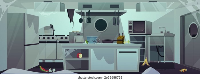 Abandonado restaurante profissional cozinha interior com equipamentos e móveis danificados. Ilustração plana vetorial. Quarto sujo com geladeira de aço, forno e fogão. Desenho animado destruiu restaurante negócio