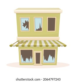 Abandoned public building with broken windows. Facade of old decaying house cartoon vector illustration
