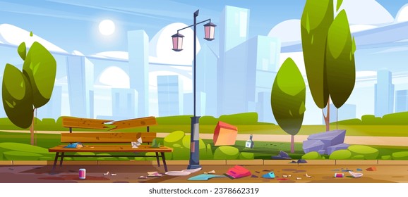 Abandoned public city park with broken bench and scattered garbage. Cartoon summer scenery of town garden with green trees and spread trash. Environmental pollution and destruction of recreation areas