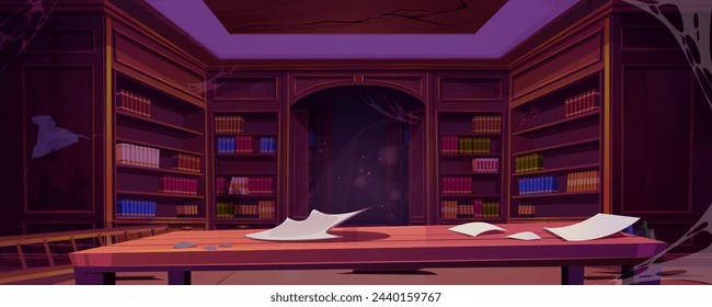 Abandoned public school library with books on broken shelves and furniture, mess and cobweb. Damaged old literature storage room interior. Cartoon vector illustration of bookcase in destroyed archive.