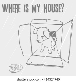 Abandoned puppy in a box, adopt, animal cruelty, hand drawn illustration/Sad homeless puppy looking for a home, linear vector sketch