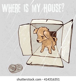 Abandoned puppy in a box, adoption, animal cruelty, hand drawn illustration/Sad homeless puppy looking for a home, vector color sketch