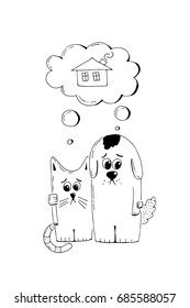 Abandoned puppy and kitten, adopt, animal cruelty, hand drawn illustration. Sad homeless puppy and kitten looking for a home, linear vector sketch