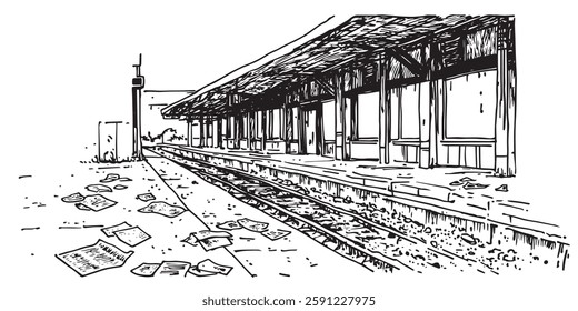abandoned railway platform with scattered newspapers in sketch style