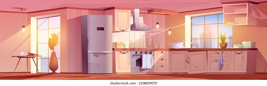 Abandoned Retro Kitchen, Empty Interior With Broken Or Cracked Wooden Furniture, Dirty Stuff Table, Oven, Range Hood, Fridge, Decrepit Cooking Equipment And Spiderweb, Cartoon Vector Illustration