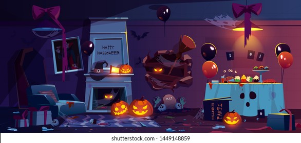 Abandoned room with Halloween decoration and after party mess, scary empty interior with cobweb, scattered garbage, broken holiday accessories and food scraps on floor, Cartoon vector illustration