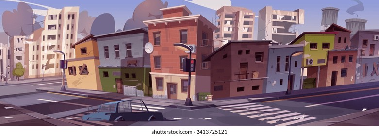 Abandoned ruin city with broken buildings, car and roads. Cartoon vector apocalyptic cityscape with destroyed during war or earthquake street. Creepy town zone dilapidated demolished constructions.