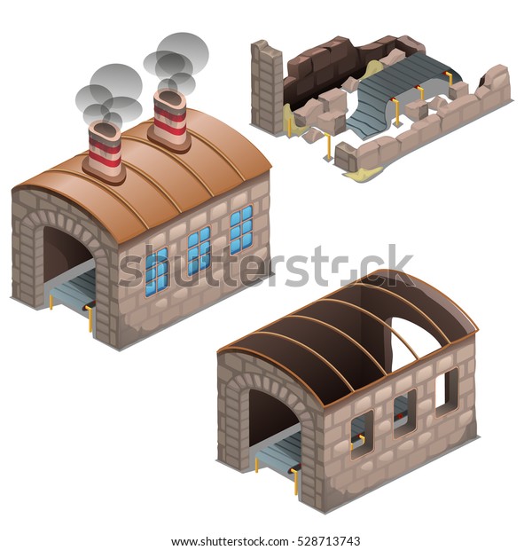 白い背景に古い略奪された工場の廃墟 企業の破産と破綻のプロセスの一連の段階 カートーンのベクター画像の接写イラスト のベクター画像素材 ロイヤリティ フリー