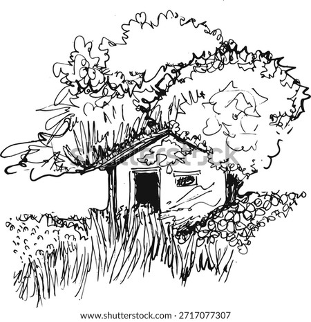 Abandoned Rural Shack with Old Trees Landscape Sketch