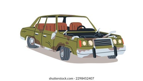 Auto sucio y arruinado abandonado. Automático de chatarra de edad avanzada. Automóvil oxidado roto. Desolado usado arruinó la basura del transporte, la basura, los desechos. Ilustración vectorial gráfica plana aislada en fondo blanco