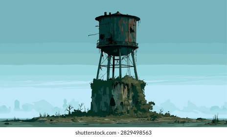 Abandoned Rusty Water Tower in Overgrown Swamp Landscape Illustration