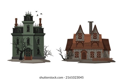 Abandoned scary mansions set. Haunted gothic house cartoon vector illustration