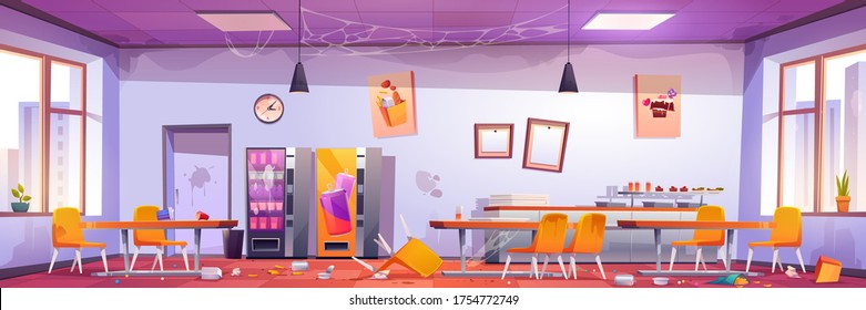 Abandoned school cafe, crashed university canteen, dirty dining room with spider webs on walls, scattered rubbish and broken furniture, tables and chairs, vending machines, Cartoon vector illustration