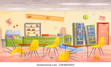 Abandoned school or university cafeteria interior vector illustration. Cartoon canteen dining room with broken and dirty furniture, mess with table and overturned chairs, crashed vending machine