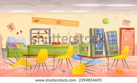 Abandoned school or university cafeteria interior vector illustration. Cartoon canteen dining room with broken and dirty furniture, mess with table and overturned chairs, crashed vending machine