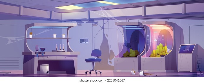 Abandoned scientific laboratory with broken scientific equipment and cobweb on walls. Cartoon vector illustration of old lab with damaged plant breeding containers and error message on computer screen