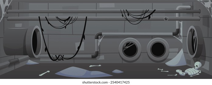 Abandoned sewage, sewer drainage pipes system with human skeletons and cobwebs. Cartoon industrial urban wastewater pipeline underground construction in cobwebs. Vector basement canalization tubes