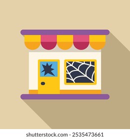 Abandoned shop with broken window and spider webs icon in flat style with long shadow