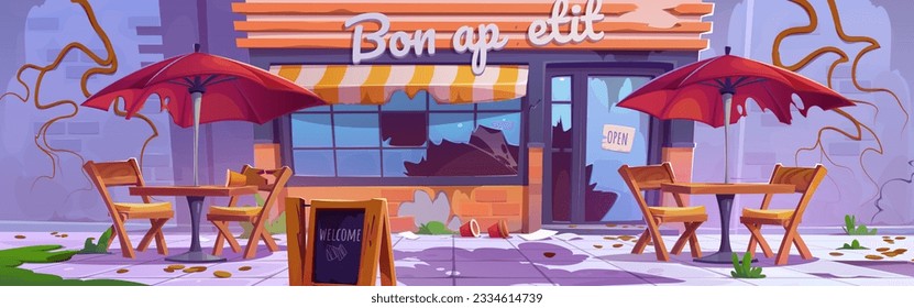 Abandoned street restaurant vector cartoon scene. Broken outdoor city cafe with brick wall. Ruined urban bistro terrace and torn umbrella. Neglected city bar with spider web and vine panoramic design