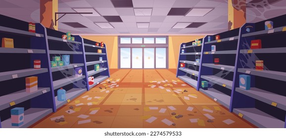 Abandoned supermarket aisle perspective view. Vector cartoon illustration of empty product shelves covered with cobweb, damaged cardboard boxes and food packages. War looting. Bankrupt grocery store