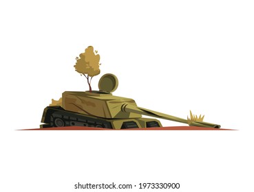 Abandoned tank with tree growing in it cartoon icon on white background vector illustration