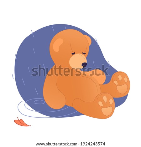 Abandoned Teddy bear in the autumn rain on white background. Vector illustration of loneliness, uselessness, state of melancholy. Concept mental depression, suicide problems, growing up, goal revision