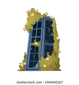 Abandoned telephone booth overgrown with plants and flowers cartoon vector illustration