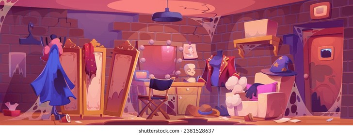 Abandoned theater dressing room interior. Vector cartoon illustration of messy show backstage, damaged furniture, old cosmetics on makeup table, torn costumes and hats on rack, mannequin, dusty cobweb