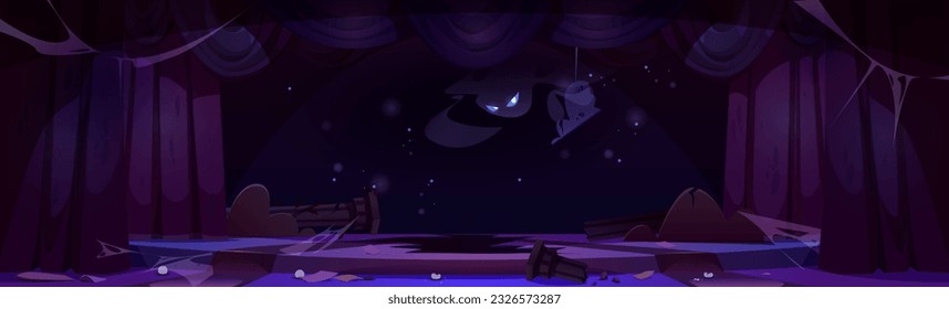 Abandoned theater stage with spooky ghost and dusty curtains. Vector cartoon illustration of old concert hall interior, broken decorations, spider web on walls, scary monster in air, nightmare