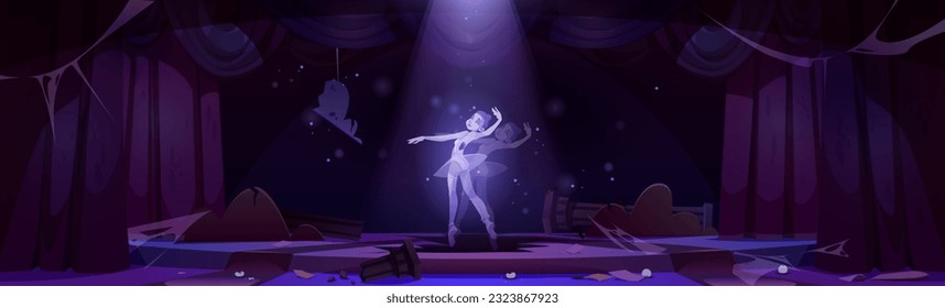 Escenario de ballet de teatro abandonado y bailarina de fondo fantasma. Cortina de teatro con foco en la ilustración de la escena de baile de una niña muerta. Interior de sala de baile rudo y desordenado con telaraña