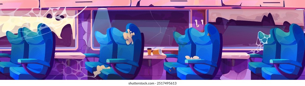 Abandoned train inside with damaged seats by broken window. Vector cartoon illustration of old passenger car, dirty metro compartment with dusty chairs, cobweb on walls, garbage on table, bad service