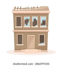 Abandoned two storey house with broken windows and roof. Facade of old two storey decaying building cartoon vector illustration