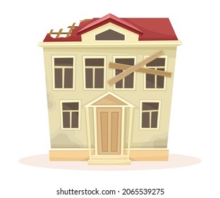 Abandoned two storey house with broken windows and roof. Old suburban cottage cartoon vector illustration