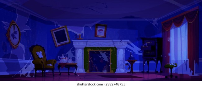 Abandoned victorian house interior with fireplace cartoon background. Antique messy furniture and broken armchair with spider web design. Mess inside england aristocratic castle apartment at night