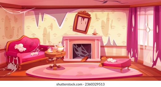 Abandoned victorian living room interior. Vector cartoon illustration of destroyed house with damaged couch and footstool, cracked wooden table, dusty fireplace, torn curtains, spider web on walls