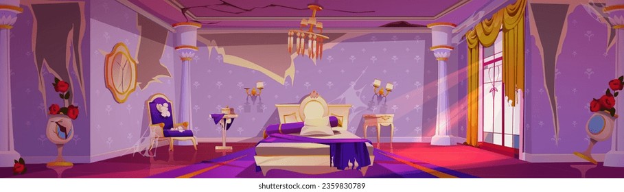 Abandoned victorian style bedroom. Vector cartoon illustration of messy room with broken armchair, damaged ceiling, torn textile on twin bed, destroyed wallpapers, cracked vases, cobweb on furniture