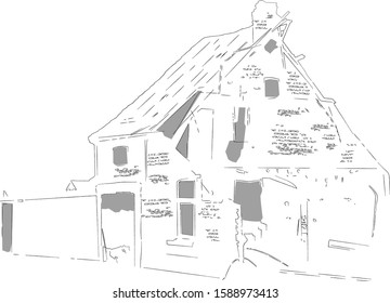 abandoned village house pencil pen black and white sketch