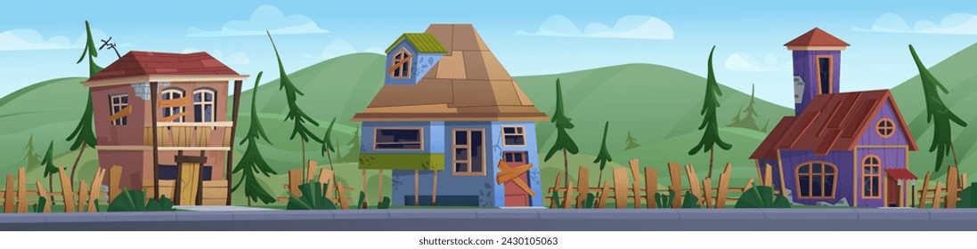 Abandoned village street with old houses. Vector cartoon illustration of shabby suburban houses with broken glass in windows, boarded doors, cracked roof, poor town, fir trees on green hills, blue sky