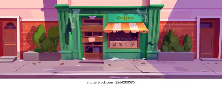 Abandoned vintage cafe exterior cartoon background. Broken door, torn awning and messy sidewalk outside city street view. Bankrupt small retro pub business in town house with brick wall.