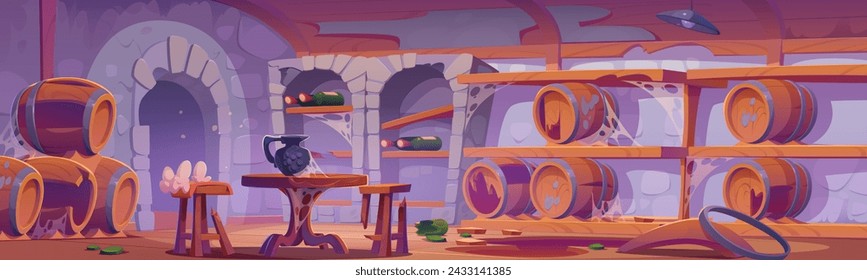 Abandoned wine cellar with broken wooden barrel, tables and chairs, crashed glass bottles, garbage and cobweb. Cartoon vector old destroyed messy basement room interior for grape wine storage.