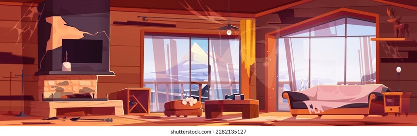 Abandoned wooden chalet interior with mountain view. Vector cartoon illustration of messy room with old broken furniture, spider web on walls, damaged fireplace, spilled wine bottles, dust on shelves