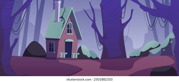 Abandoned wooden dilapidated house with a triangular roof, chimney and cobwebs. Dark scary forest gloomy landscape. Swampy area, trees, stones, moss. Horizontal banner. Vector illustration.