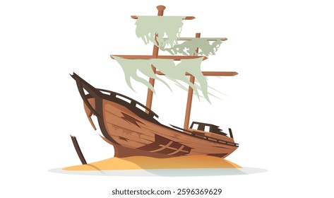 Abandoned wooden shipwreck with torn sails on shore. Vector illustration