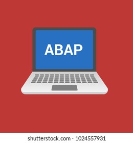 ABAP programming language. Laptop flat design on red background