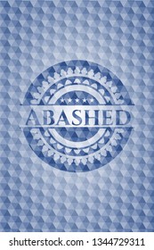 Abashed blue emblem or badge with geometric pattern background.
