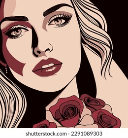 abastract, luxurious, vector woman holding a bouquet of roses against a black background