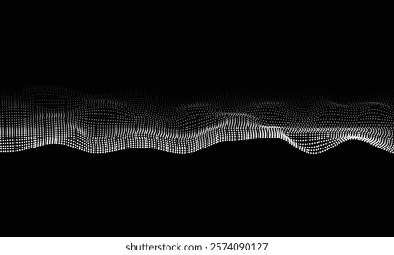 Abastract smooth flowing wave dots halftone lines dynamic black white gradient isolated on transparent background concept of technology, digital, communication, science, music vector illustration